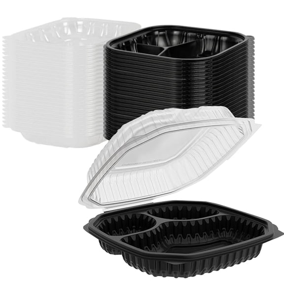 EcoQuality 3 Compartment 10.5x9.5x3 Inch Black Hinged Takeout Container with Clear Lid Disposable Meal Prep Container for Food Storage, Catering, Restaurants (60)