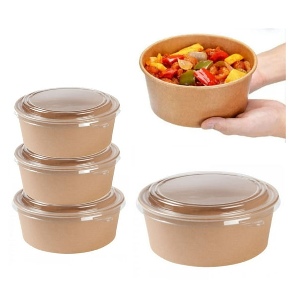 EcoQuality 32oz Round Kraft Paper Bowl Container with Clear PET Lid Disposable Food Bowls for Snacks Salads Soups Meal Prep (250)