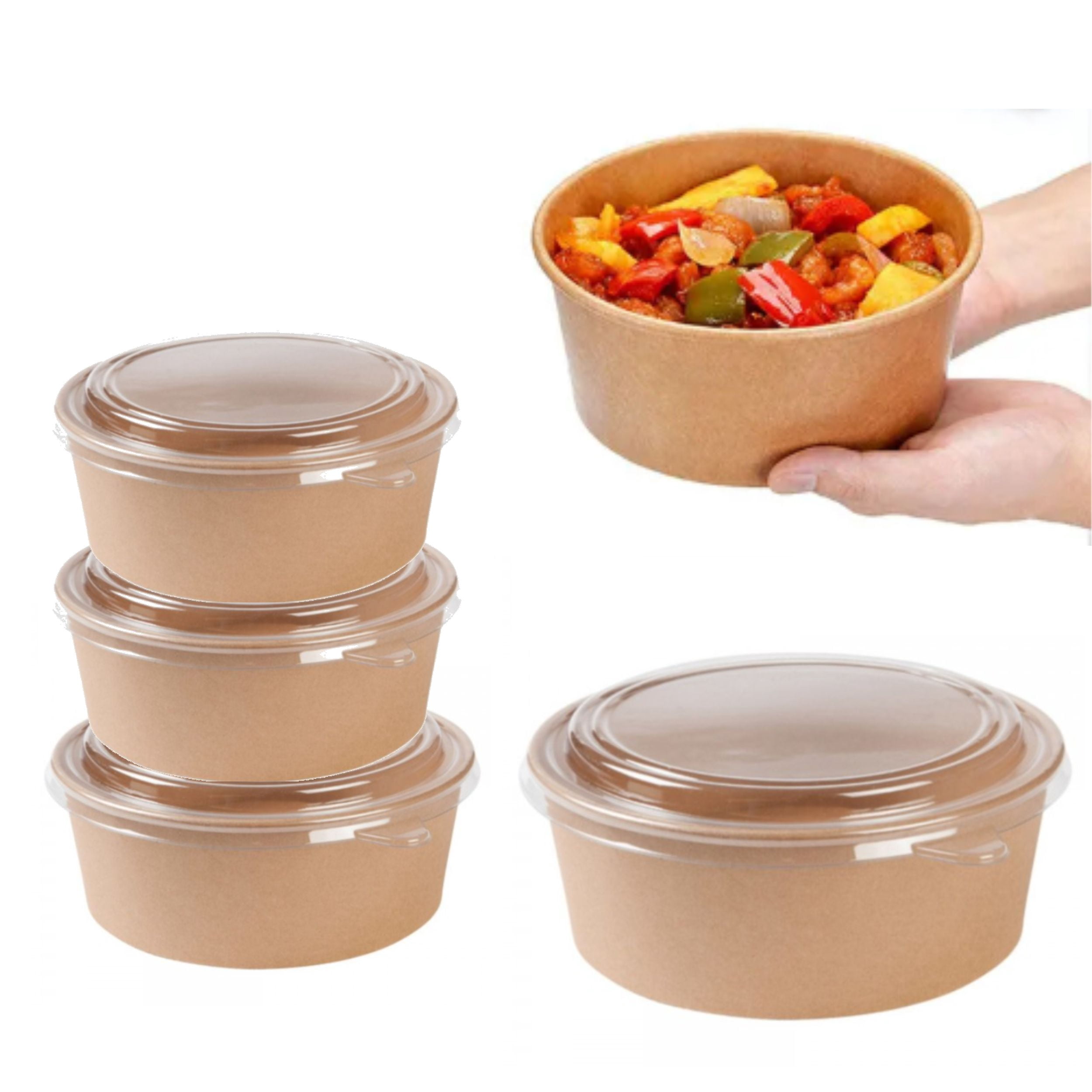 EcoQuality 32oz Round Kraft Paper Bowl Container with Clear PET Lid ...