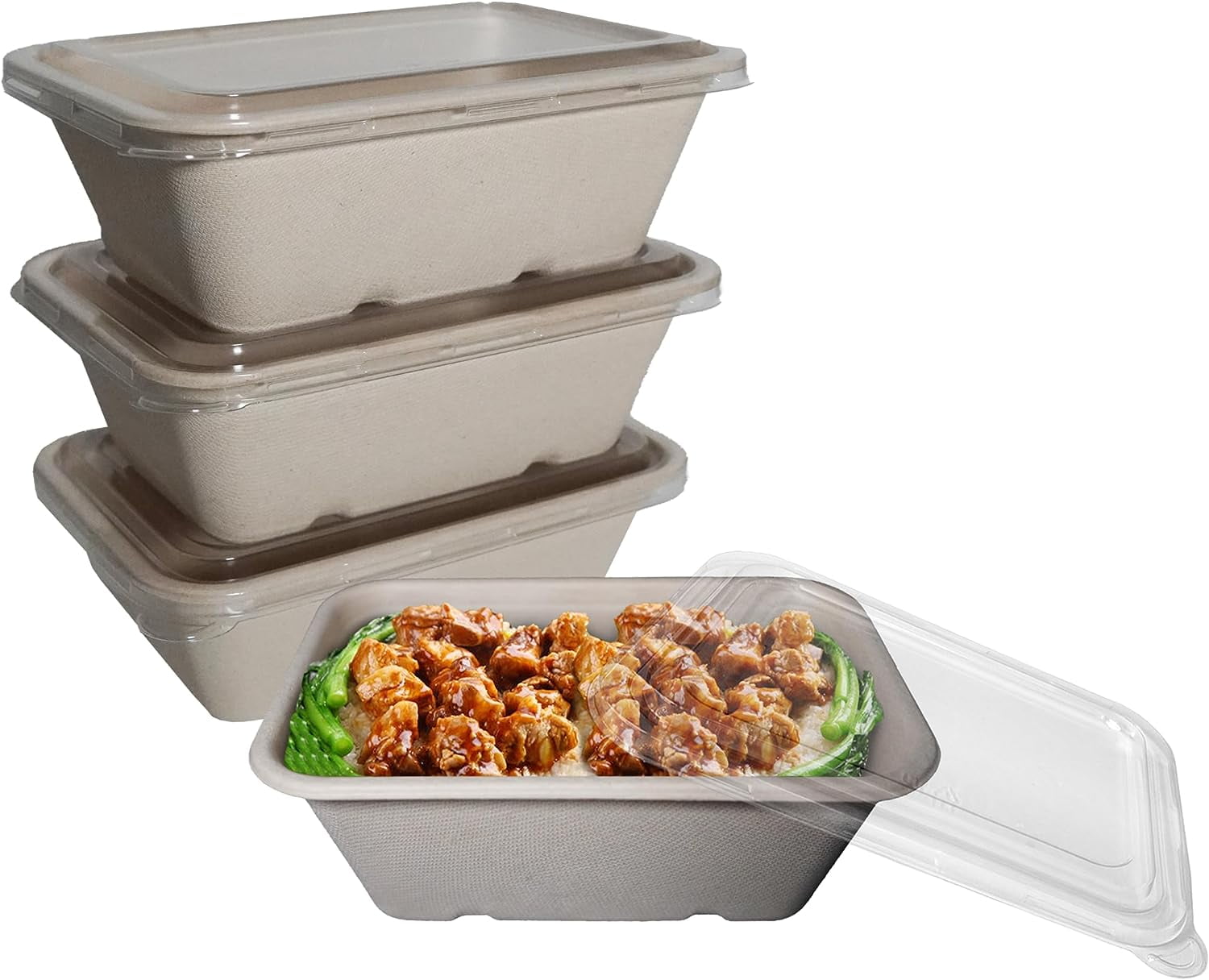 EcoQuality 34oz Disposable Bowls with Clear Lids Rectangular Compostable Sugarcane Fiber