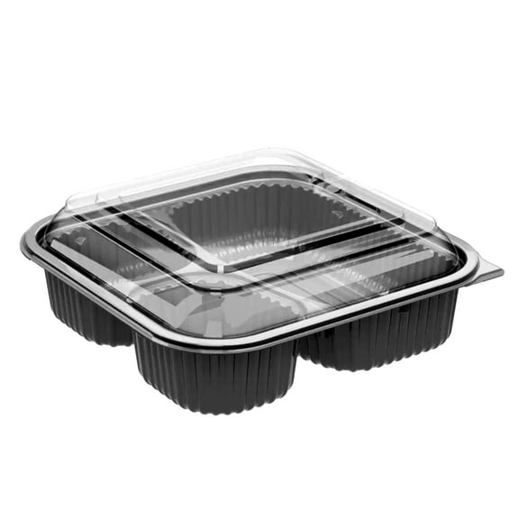 EcoQuality 36oz 8" 3 Compartment Square Black Container with Clear Dome Lid, Reusable Bento Box, Food Storage Containers | BPA Free | Stackable | Lunch Boxes, Microwave/Dishwasher/Freezer Safe (25)
