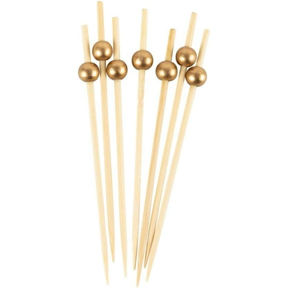 EcoQuality 4.7 inch Bamboo Wooden Picks Gold Ball Decorative End Skewers for Parties Appetizers Cocktails BBQ Garnish Charcuterie Catering Accessories (100)