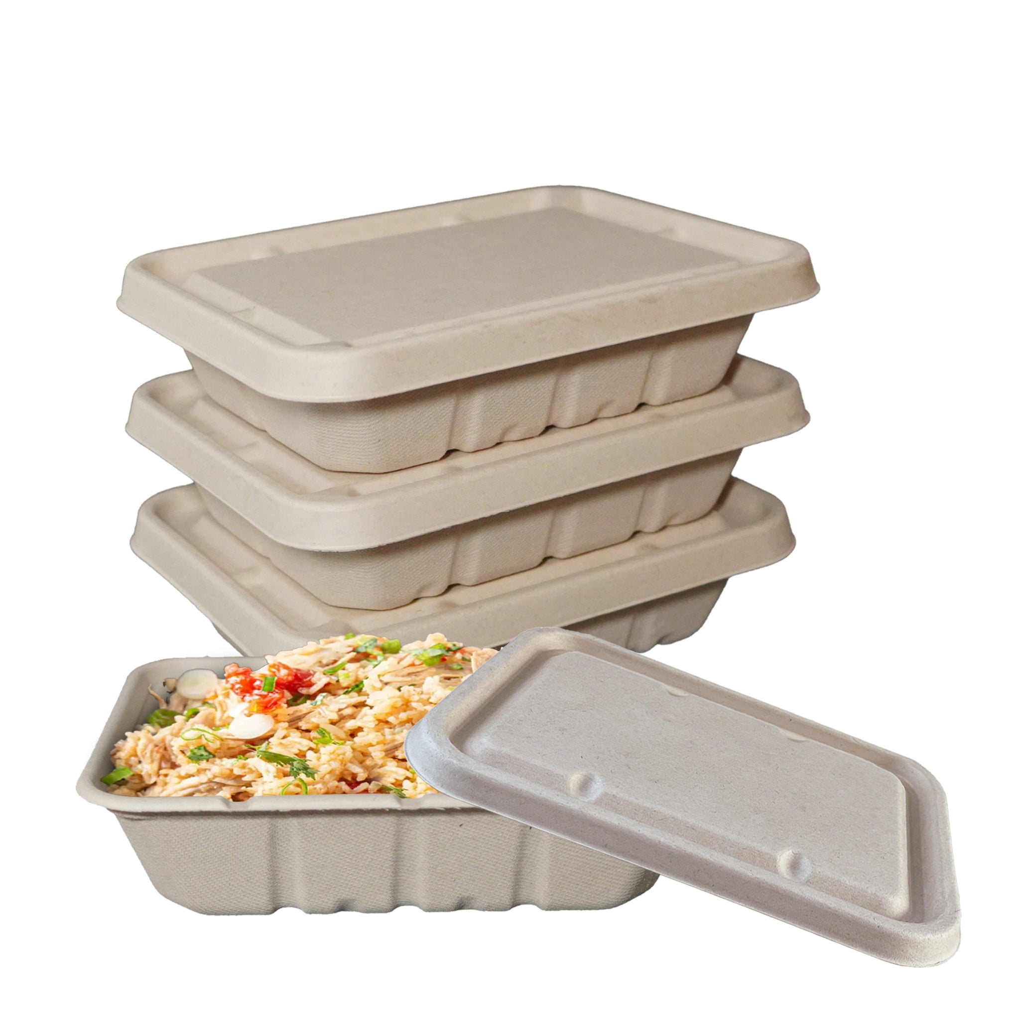 EcoQuality 40oz Disposable Bowls with Fiber Lids - Rectangular Compostable Sugarcane Fiber Biodegradable Paper Bowls Eco-Friendly Take Out Food Storage Containers, Microwave Safe, Meal Prep (25 PACK)