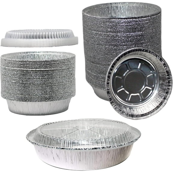 EcoQuality 6.5 Inch Disposable Round Aluminum Foil Take-Out Pans With Plastic Dome Lids Set - Disposable Tin Containers, Perfect for Baking, Cooking, Catering, Cake Pans, Parties, Restaurants (50)