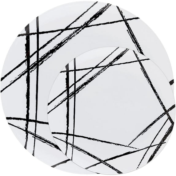EcoQuality 6 inch Round White Plastic Dinner Plates with Black Brush Design - China Like Party Plates, Heavy Duty Disposable Charger Dessert Plates Weddings, Serveware, Dinnerware (90 Pack)