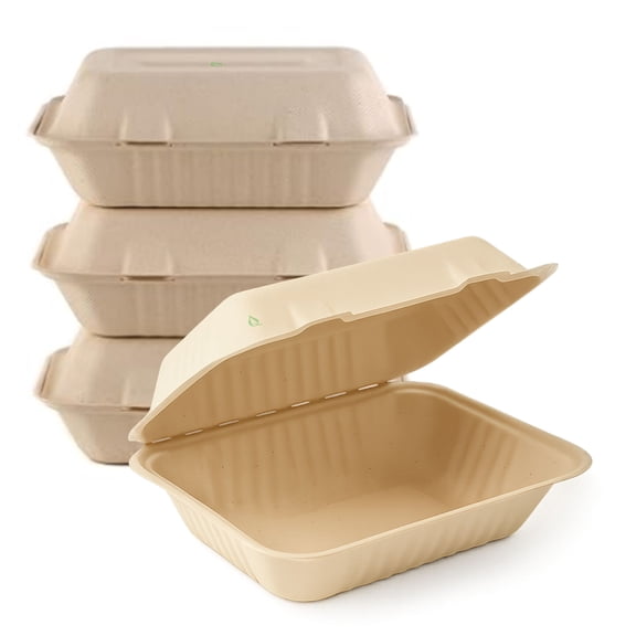 EcoQuality [600 PACK 6 x 9 x 3 in Compostable Clam shell Take Out Food Container - Sugarcane Bagasse, Tree Free - Restaurant Supplies, Microwavable, Bidodegradable, Recyclable, Heavy Duty (Rectangle)