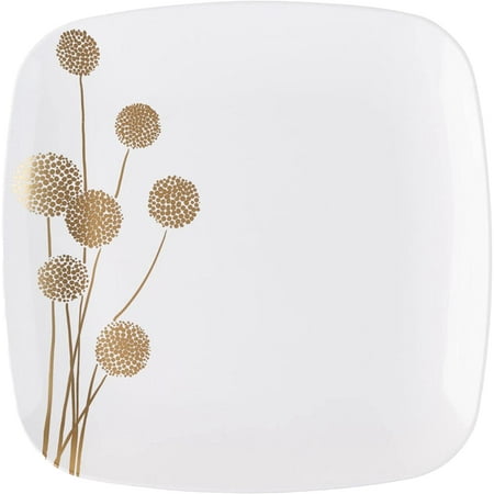 EcoQuality 7.25" inch Square White Plastic Plates Dinner Plate with Gold Dandelion Print China Like Party Plates Premium Heavy Duty Large Disposable Salad Plate Weddings Catering Non Toxic (30 Pack)