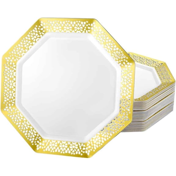 EcoQuality 7.5 Inches Gold Octagon Plastic Salad Plate – Elegant Disposable Dinnerware for Weddings, Parties, and Events – Durable, Stylish, and Reusable Tableware (50)