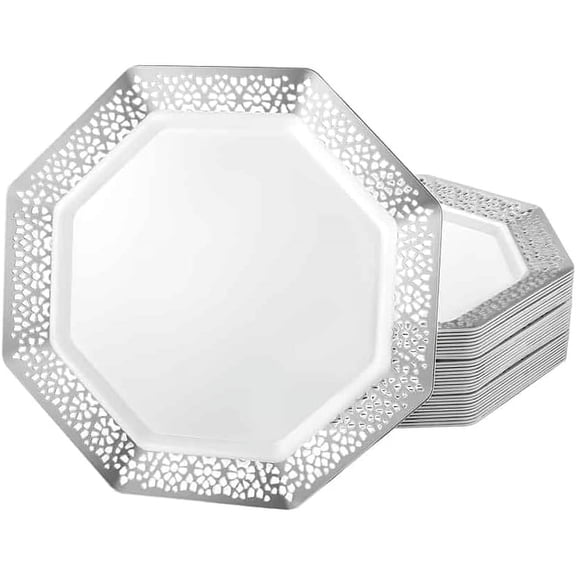 EcoQuality 7.5 Inches Silver Plastic Salad Plate Octagon Design – Elegant Disposable Dinnerware for Weddings, Parties, and Events – Durable, Stylish, and Reusable Tableware (60)