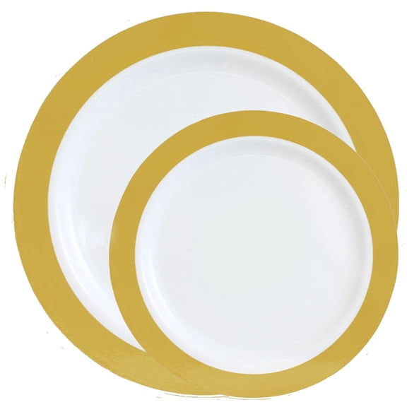 EcoQuality 7.5" inch Salad Plates & 10.5" inch Dinner Plates Round Plastic Heavy Duty Plates with Gold Rim Design Disposable China Like Plastic Plate Combo Set (128 Pack)
