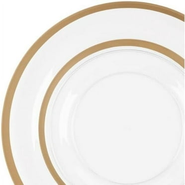 EcoQuality 7" inch Salad Plate and 10" inch Dinner Round Clear Plastic Plates with Gold Rim - Disposable, Heavy Duty, Elegant, Durable, Versatile Plates for Everyday Use (32)