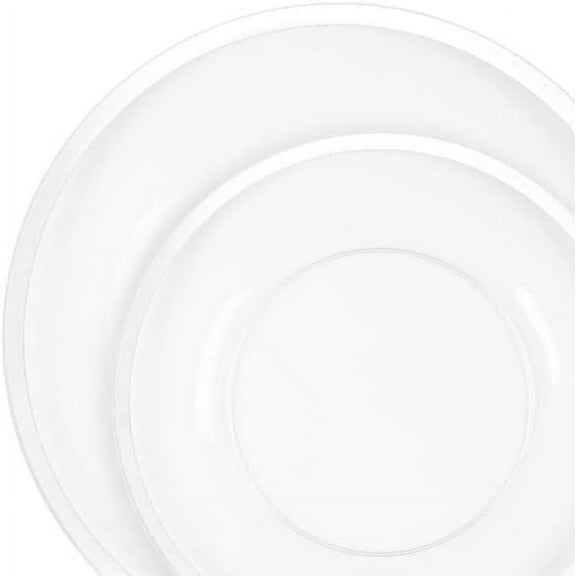 EcoQuality 7 inch Salad Plates and 10 inch Dinner Round Clear Plastic Plates with White Rim - Disposable, Heavy Duty, Elegant, Durable, Versatile Plates for Everday Use, and Stylish Tableware (32)