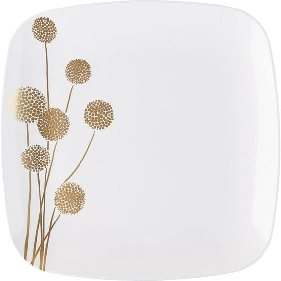 EcoQuality 8.5" inch Square White Plastic Plates Dinner Plate with Gold Dandelion Print China Like Party Plates Premium Heavy Duty Large Disposable Salad Plate Weddings Catering Non Toxic (10 Pack)