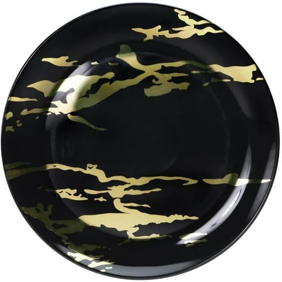 EcoQuality 8 inch Black Plastic Round Salad Plate Gold Marble Design – Elegant Disposable Dinnerware for Weddings, Parties, and Events – Durable, Stylish, and Reusable Tableware (10)