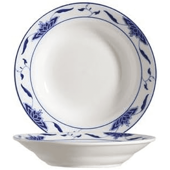 EcoQuality 8 oz Bone White Blue Porcelain Soup Plate, Round Bowl for Soup, Pasta, Stew, Restaurants & Catering (12)