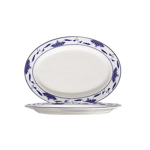 EcoQuality 9.25 Bone White Blue Porcelain Oval Serving Platter, Rolled Edge, for Appetizers, Desserts, Restaurants & Catering (12)