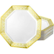 EcoQuality 9.25 Inches Gold Octagon Plastic Dinner Plate – Elegant Disposable Dinnerware for Weddings, Parties, and Events – Durable, Stylish, and Reusable Tableware (10)