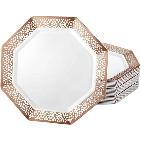 EcoQuality 9.25 Inches Rose Gold Plastic Dinner Plate Octagon Design – Elegant Disposable Dinnerware for Weddings, Parties, and Events – Durable, Stylish, and Reusable Tableware (30)