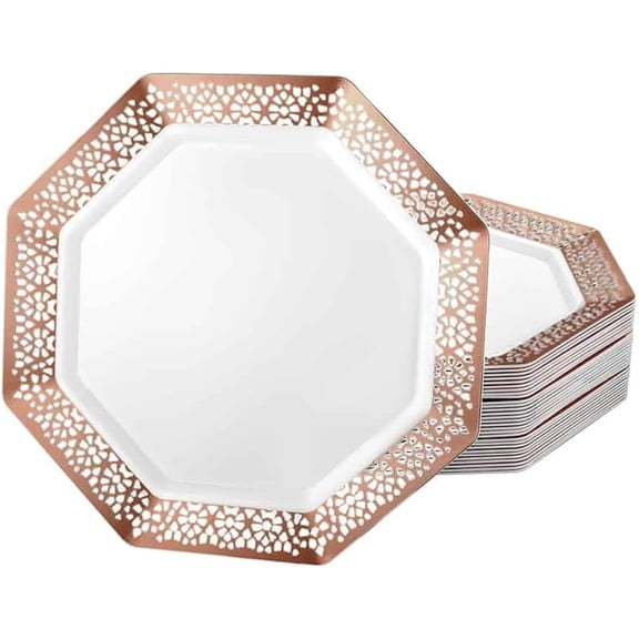 EcoQuality 9.25 Inches Rose Gold Plastic Dinner Plate Octagon Design – Elegant Disposable Dinnerware for Weddings, Parties, and Events – Durable, Stylish, and Reusable Tableware (30)