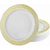 EcoQuality 9 Inch Gold Plastic Round Dinner Plate Pebble Design – Elegant Disposable Tableware for Weddings Parties and Events – Durable Stylish and Reusable Design – Catering Buffets (10)