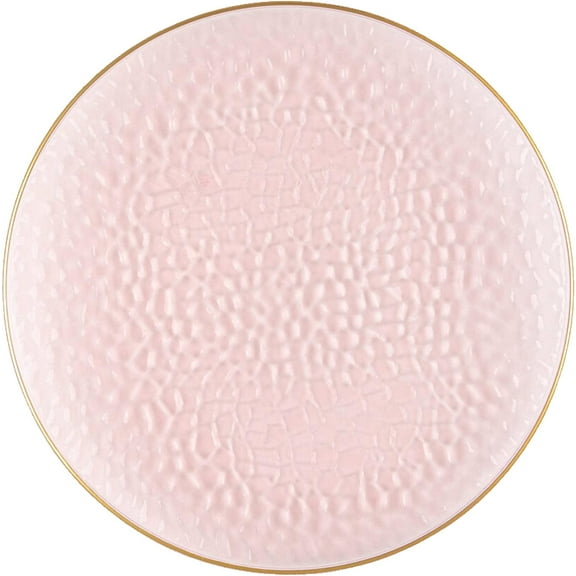 EcoQuality 9" inch Round Hammered Translucent Pink Plastic Plates with Gold Rim - China Like Party Plates, Heavy Duty Large Disposable Dinner Charger Salad Plate Weddings, Serveware (10 Pack)