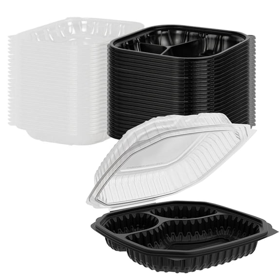 EcoQuality 9x9x3 Inch 3 Compartment Black Hinged Takeout Containers with Clear Lids Food Storage Clamshell for Meal Prep, Restaurant, Catering, and Takeout Packaging (20)