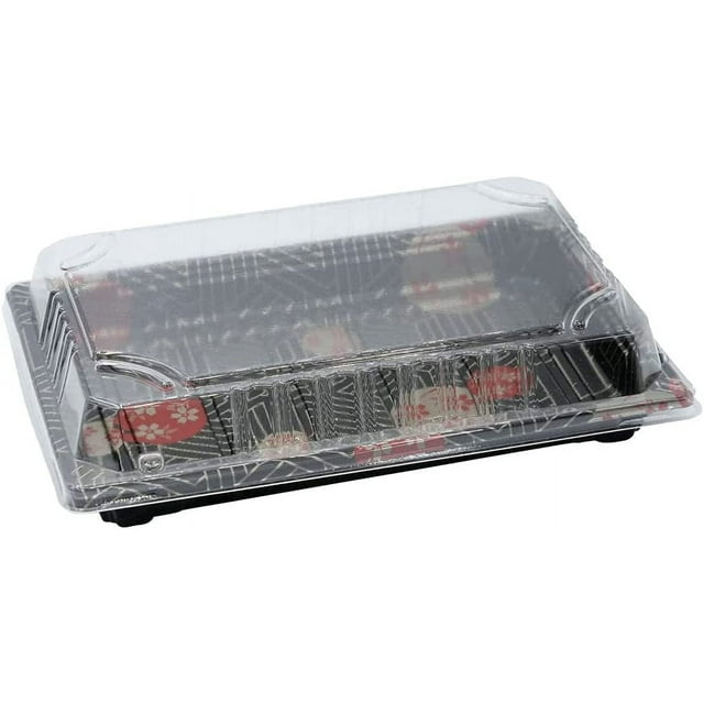 EcoQuality Black Sushi Trays with Lids 6.5 x 5.5 inch - Disposable Sushi Container Packaging Box with Cover Take Out Boxes Black Plastic To Go Containers Set Entrees Appetizers Desserts (50)