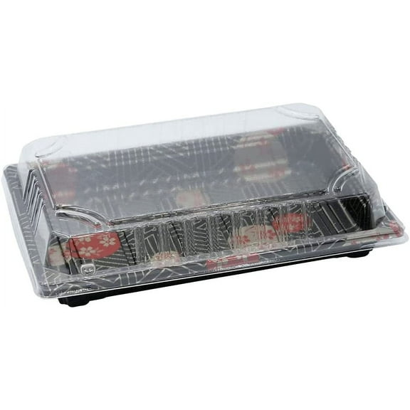 EcoQuality Black Sushi Trays with Lids 9.35 x 5.75 inch - Disposable Sushi Container Packaging Box with Cover Carry Out Take Out Boxes Black Plastic To Go Containers Entrees Appetizers Desserts (800)