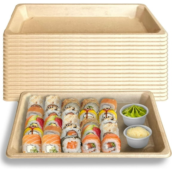 EcoQuality Compostable Sushi Trays Large - Natural Sugarcane Bagasse Take Out Sushi Container - Biodegradable Disposable Sushi Plate Eco Friendly Plastic Alternative To go Serving Tray (400 PACK)
