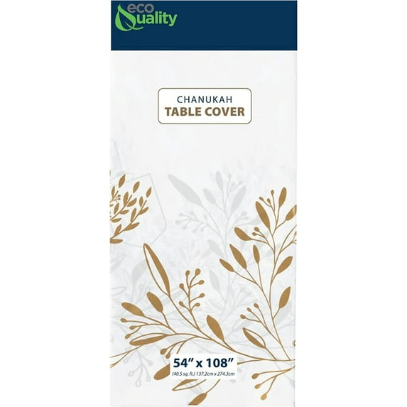 EcoQuality Disposable Hanukkah Tablecloth - Chanukah Themed Party Supplies - Rectangle Plastic Festival Table Cloth 54 x 108 inch White and Gold for Holiday Home Dining Room Kitchen Table Cover (42)