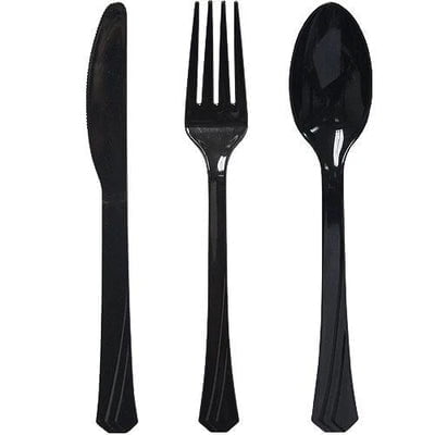 EcoQuality Disposable Plastic Black Cutlery Combo Set - Great for Party, Soups, Kitchen, Office, Togo, Lunch, Cafeterias, Restaurants (288)