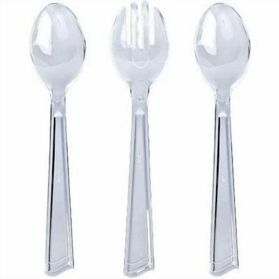 EcoQuality Disposable Plastic Clear Serving Set - 1 Fork, 2 Spoons - Great for Party, Soups, Kitchen, Office, Togo, Lunch, Cafeterias, Restaurants (144)
