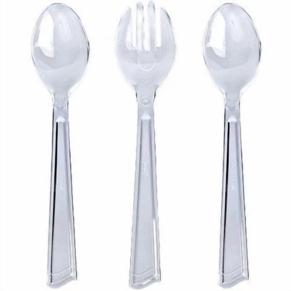 EcoQuality Disposable Plastic Clear Serving Set - 1 Fork, 2 Spoons - Great for Party, Soups, Kitchen, Office, Togo, Lunch, Cafeterias, Restaurants (36)