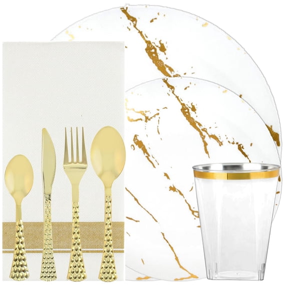 EcoQuality Gold Stroke White Dinner Set Round Plastic Plates with Silver Spoon Fork Knives Tumblers, Disposable Party Plate, Heavy Duty Salad Plates, Cutlery Table Set, Wedding, Tableware (120)