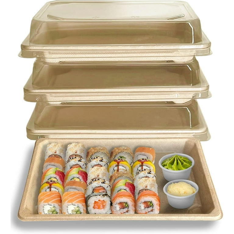 EcoQuality Large Compostable Sushi Trays with Lids - Natural Sugarcane Bagasse Take Out Sushi Container - Biodegradable Disposable Sushi Plate with