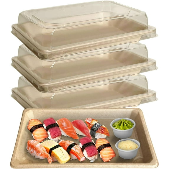 EcoQuality Medium Compostable Sushi Trays with Lids - Natural Sugarcane Bagasse Take Out Sushi Container - Biodegradable Disposable Sushi Plate with Lid Eco Friendly To go Serving Tray (200 PACK)