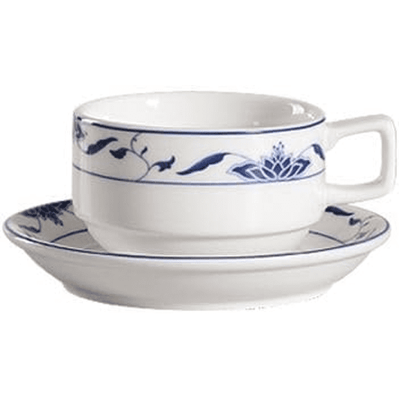 EcoQuality 8oz Bone White Blue Porcelain Stacking Coffee Cup - For Coffee, Tea, Latte and Hot Beverages Round Cup - For Restaurants, Cafes (12)