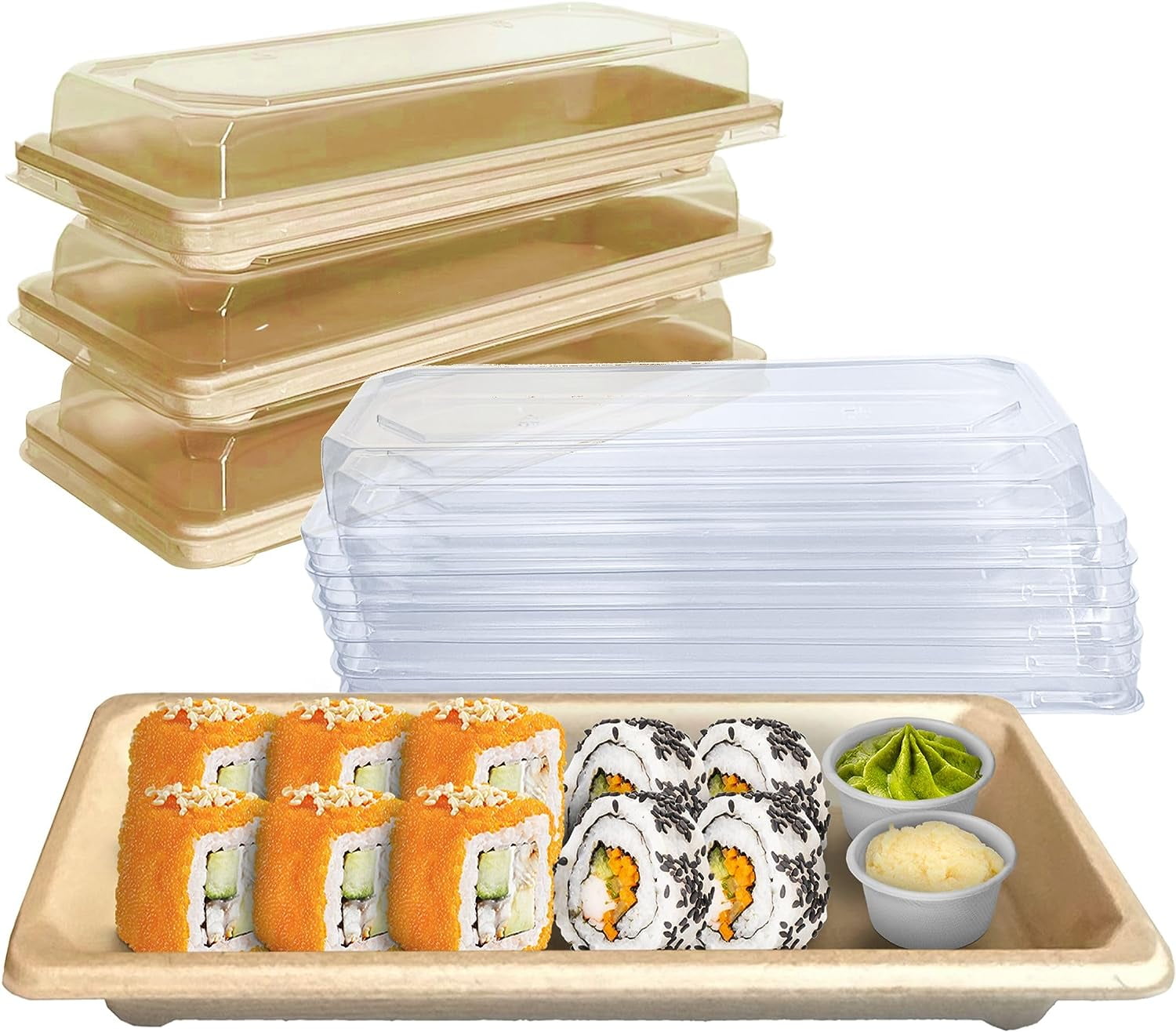 EcoQuality Small Compostable Sushi Trays with Lids Natural Sugarcane Bagasse Take Out Sushi