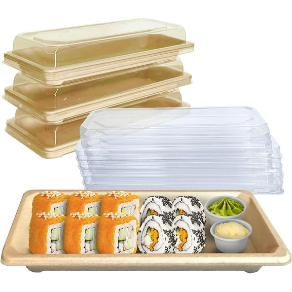 EcoQuality Small Compostable Sushi Trays with Lids - Natural Sugarcane Bagasse Take Out Sushi Container - Biodegradable Disposable Sushi Plate with Lid Eco Friendly To go Serving Tray (300 PACK)