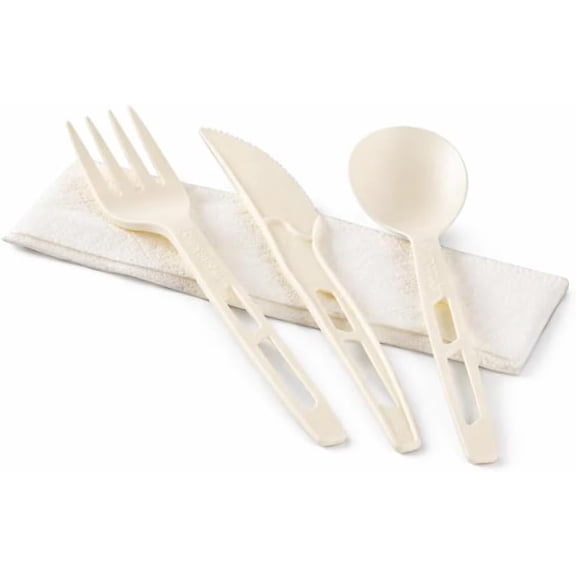 EcoQuality White Heavy Weight CPLA Individually Wrapped Cutlery Set Fork Knife Spoon Napkin 25 Pack