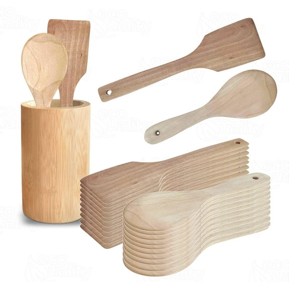 EcoQuality Wooden Kitchen Utensil Set, Wooden Spoon & Spatula, Non Stick Cookware, Kitchen Cooking Tools, Kitchenware, Restaurant and Home with Hang Holes (15)