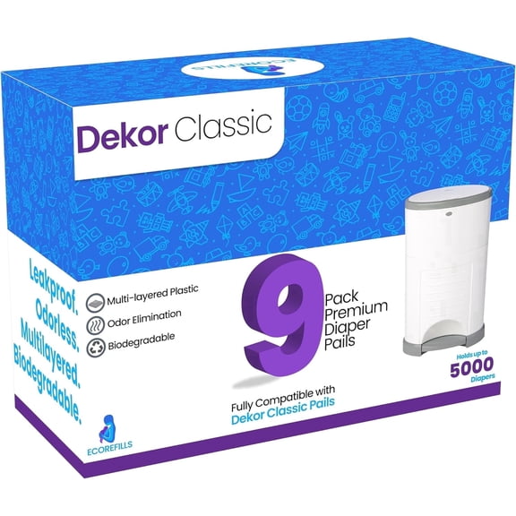 EcoRefills Dekor Classic Diaper Pail Refill, 9 Refill Liners, 30% Thicker, Leak-Proof, Powder Scent