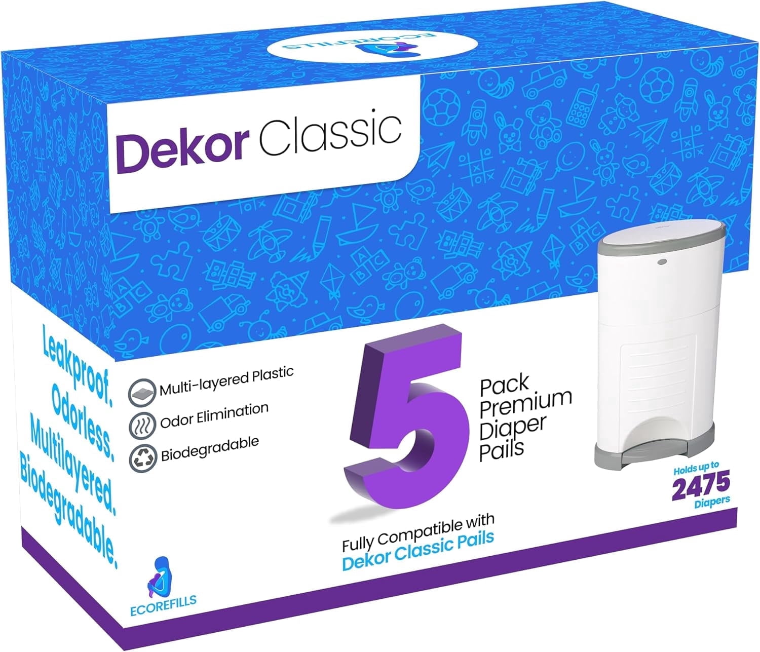 EcoRefills Dekor Classic Diaper Pail Refill, 5 Refill Liners, 30% Thicker, Leak-Proof, Powder Scent