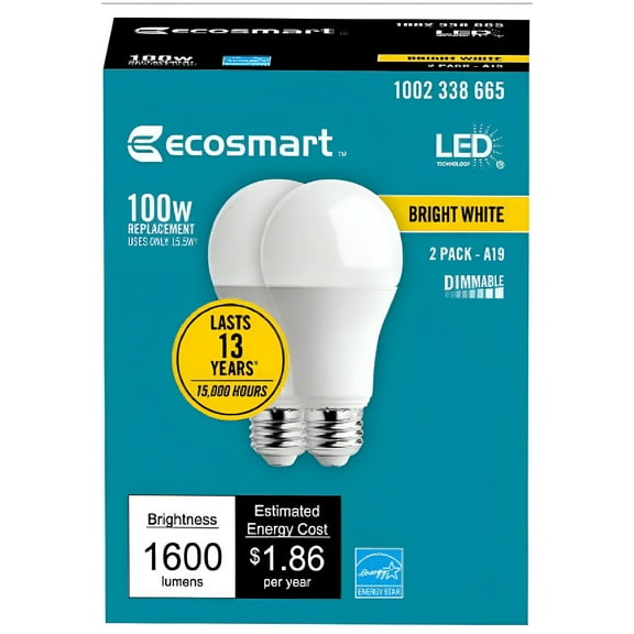 EcoSmart 100-Watt Equivalent A19 Dimmable Energy Star LED Light Bulb Bright White (2 Pack)