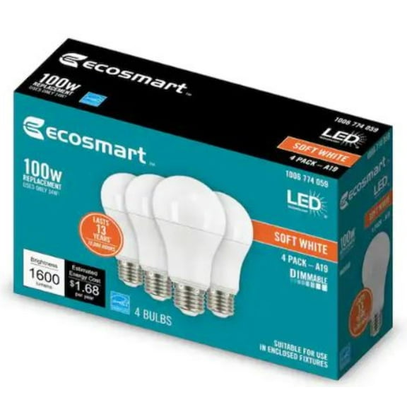 EcoSmart 100-Watt Equivalent A19 Dimmable LED Light Bulb Soft White (4-Pack)