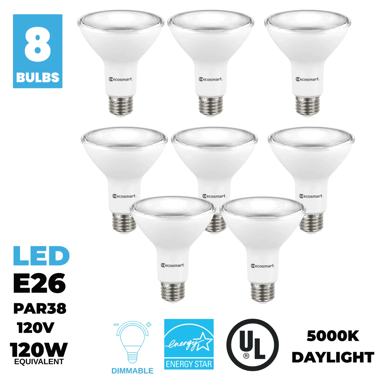 EcoSmart 120-Watt Equivalent PAR38 Dimmable Energy Star Flood LED Light Bulb  Daylight 8 Pack - Walmart.com, image size:1600x1600