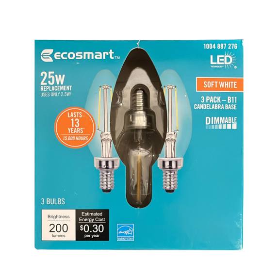 EcoSmart 25-Watt Equivalent B11 Dimmable Vintage LED Light Bulb Soft White 3Pack