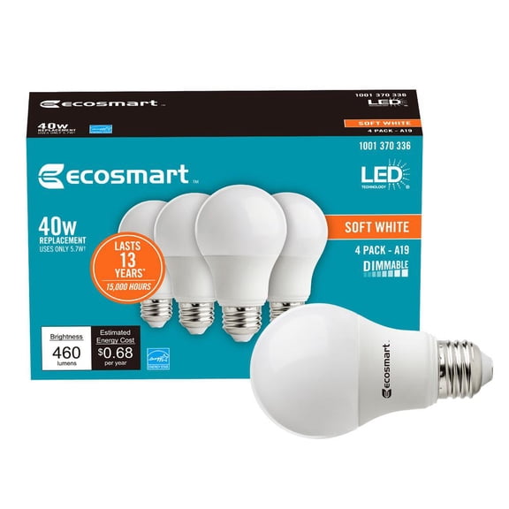 EcoSmart 40-Watt Equivalent A19 Dimmable Energy Star LED Light Bulb Soft White (4-Pack)