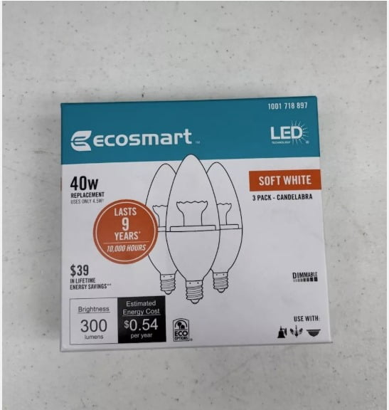 EcoSmart 40-Watt Equivalent B11 Dimmable LED Light Bulb Soft White (3-Pack)