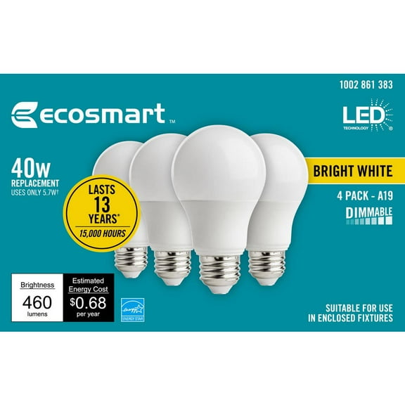 EcoSmart 5.7W (40W Equivalent) Bright White Light Bulbs, Omni-Directional (4 Pack)